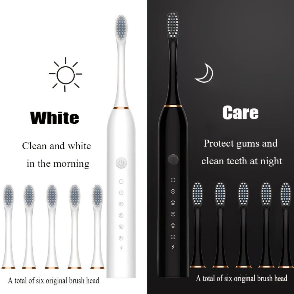 Electric Toothbrush Set with Eight Brush Heads, USB Charging, Soft Bristles and Pink, White or Black Handle