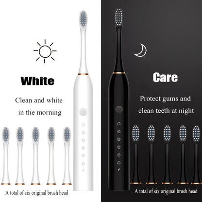Electric Toothbrush Set with Eight Brush Heads, USB Charging, Soft Bristles and Pink, White or Black Handle