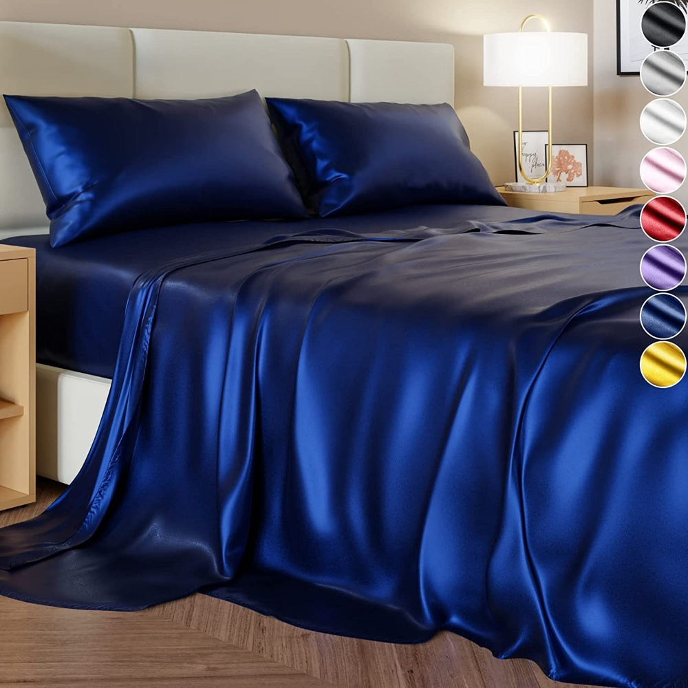 Bed Sheet Set 4-Piece Satin with 35–39 cm Deep Pocket, Machine-Washable Care and Seven Colors