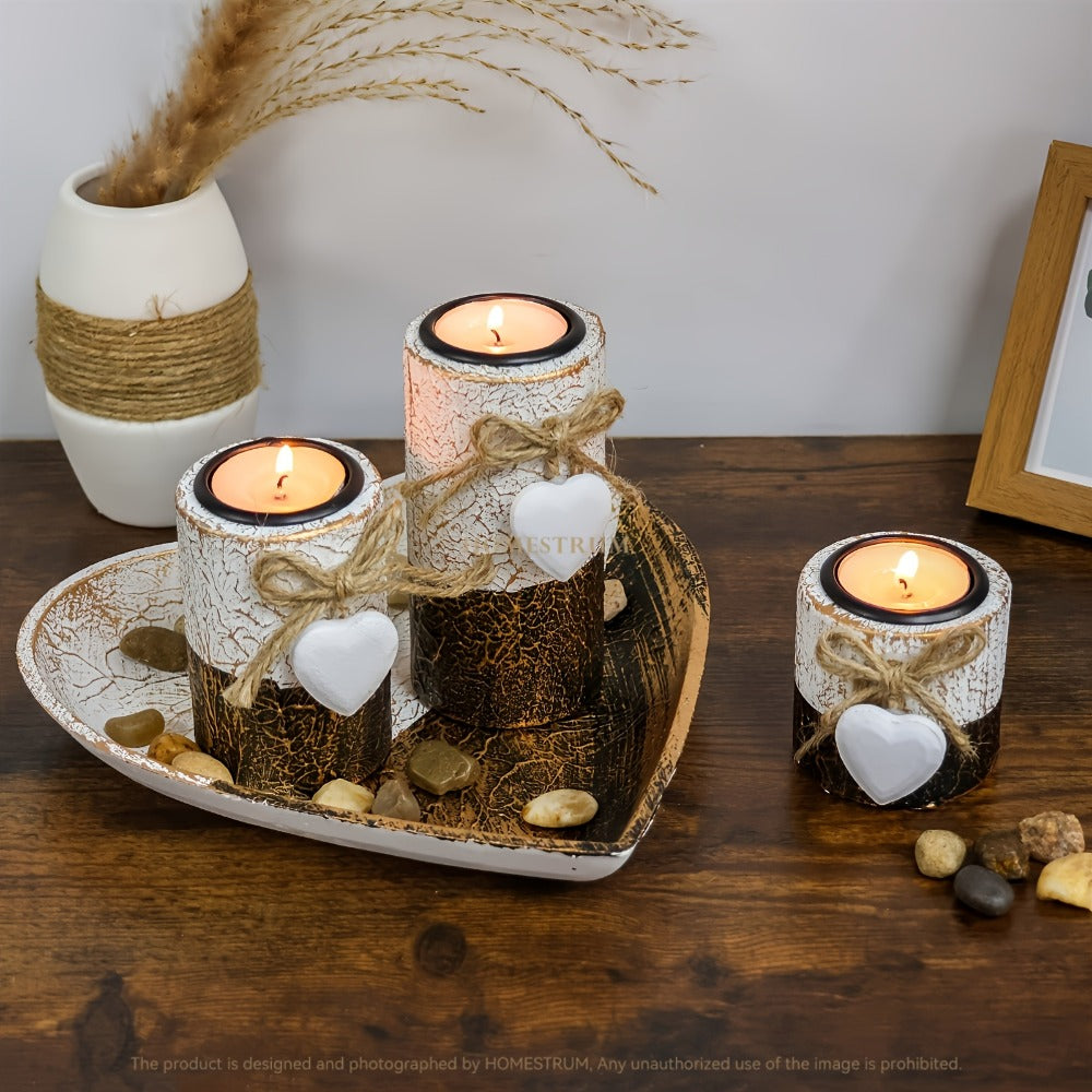 Wooden Candle Holder Set of 4 – Love Heart Tray, Tea Light Holder, Knot Bow Decoration & Decorative Stone Bowl for Home Decor, Valentine's Day, Christmas & Easter Gift