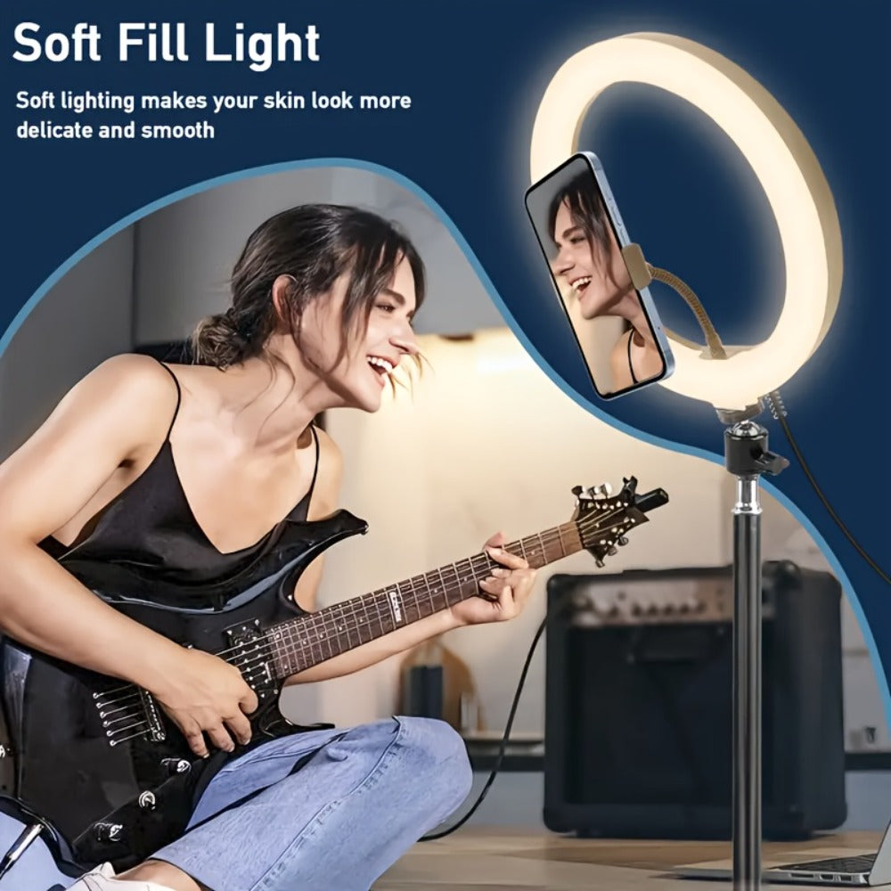 10-Inch Ring Light with Inline Cable Controls, Phone Holder and Desktop Bracket or Mini Tripod Options