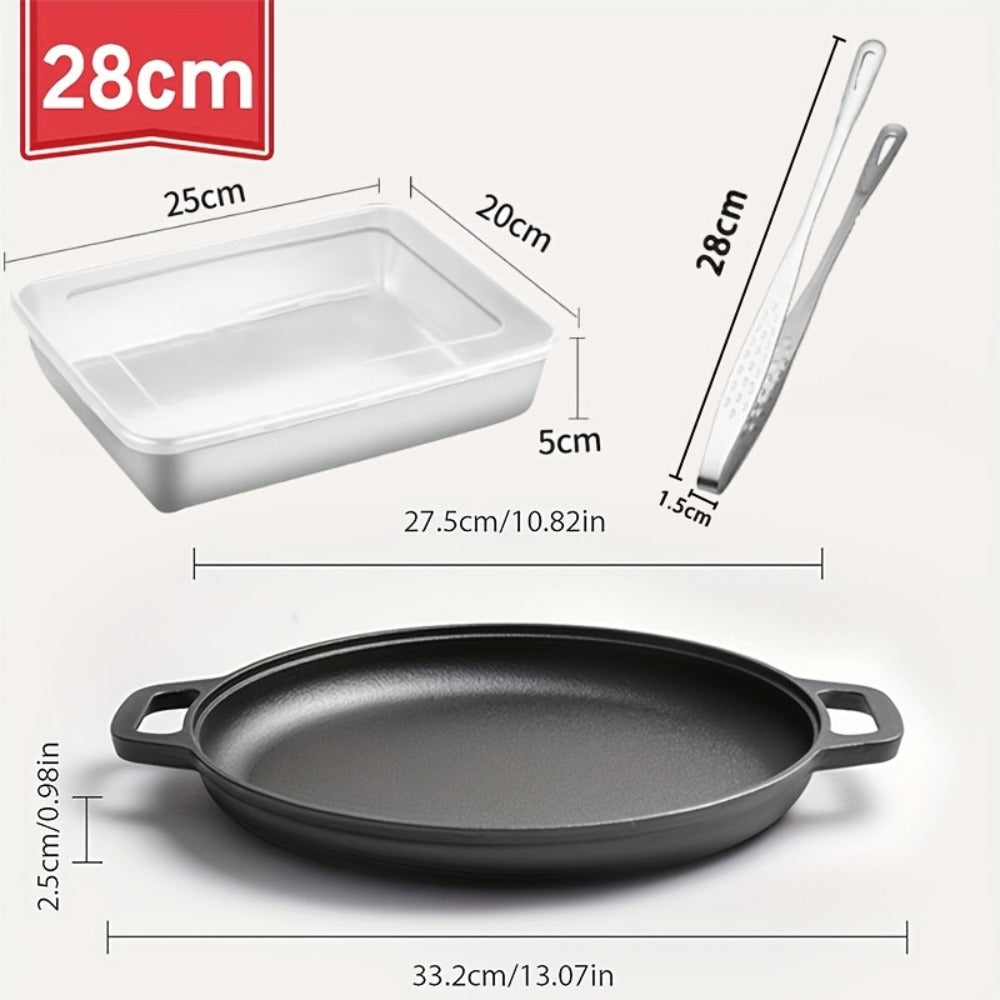 28cm Cast Iron Skillet Bundle with Barbecue Tongs and Optional 304 Stainless Steel Box in 2- or 3-Piece Sets