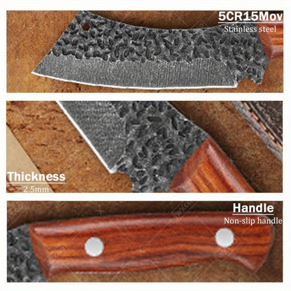 Viking Chef Knife Set 3/4pcs Hammered Stainless Steel Kitchen Knives – Boning, Utility & BBQ Knife with Wooden Handle for Cooking, Camping & Outdoor