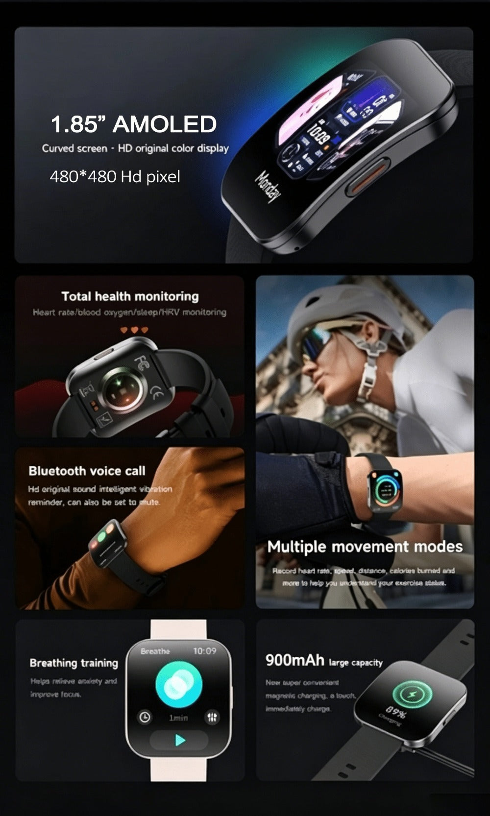 Curved Screen Smartwatch 1.85 Inch Full Touch Calling Messaging Music Camera Control Fitness Tracker Heart Rate Sleep Multiple Sport Modes Android iPhone Compatible Women Men Outdoor Lighting Version Black Pink
