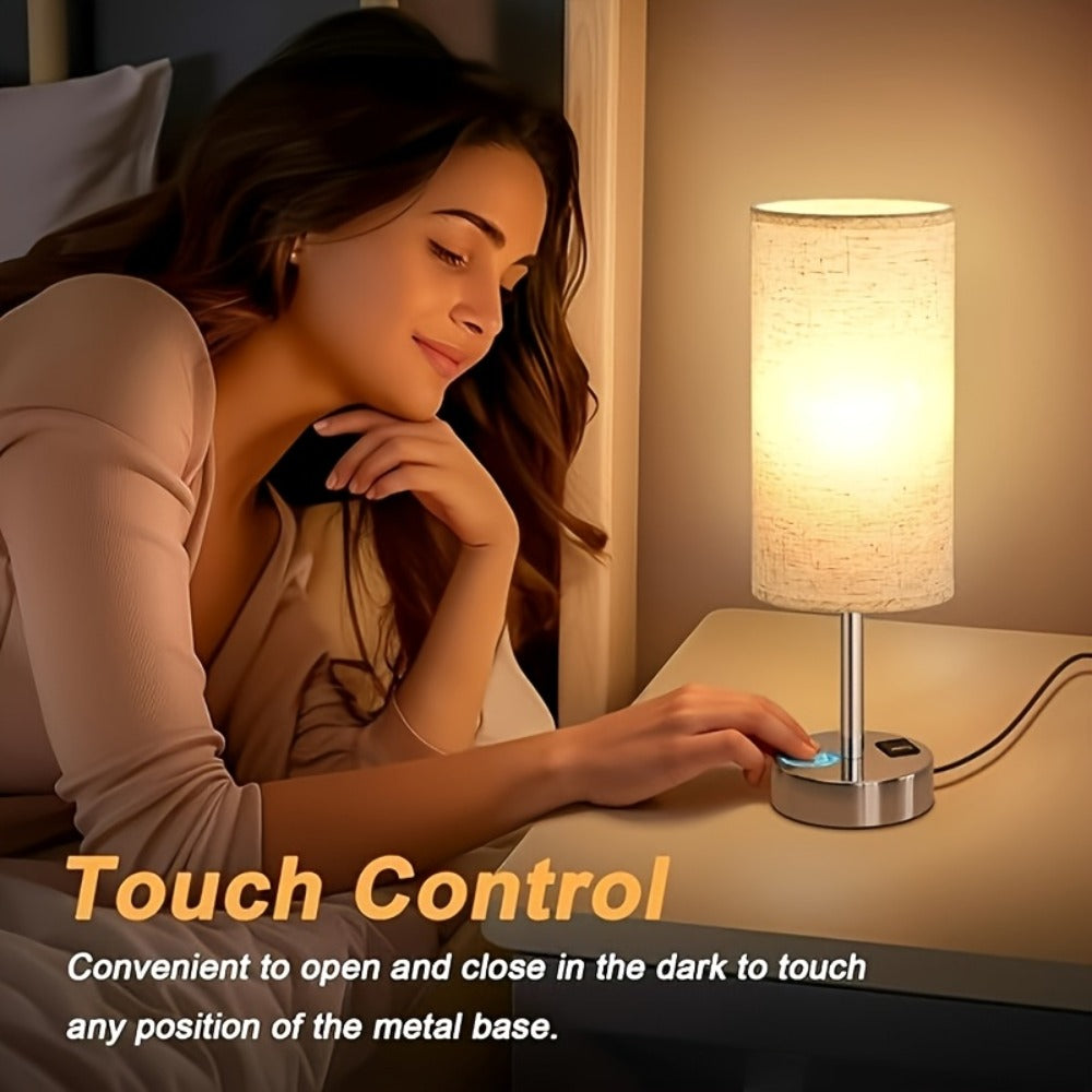 Table Lamp with Burlap Drum Shade, Wood Base, Three-Way Touch Dimming, USB-C Port and AC Outlet