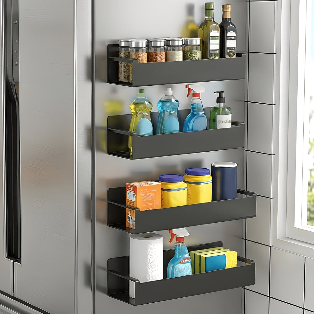 Magnetic Storage Box Organizer for Refrigerator, Washing Machine & Coffee Machine – Strong Magnetic Adsorption No-Drill Spice Rack & Kitchen Organizer, Stylish Household Storage (Black/White, 2/4pcs)