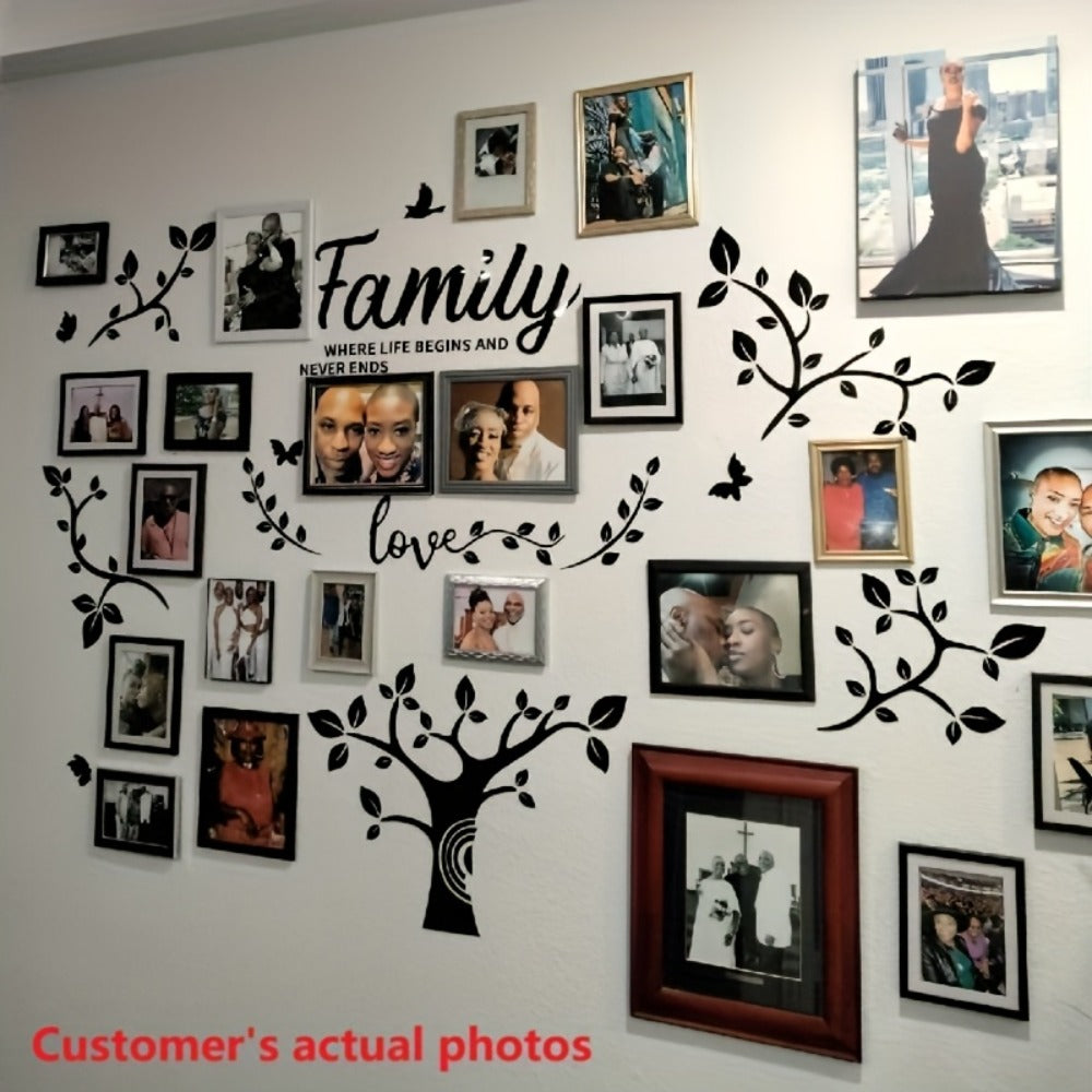 Family Tree Acrylic-Look Wall Decal and Photo Frame Collage with Leaf Shapes, Family and Love Text