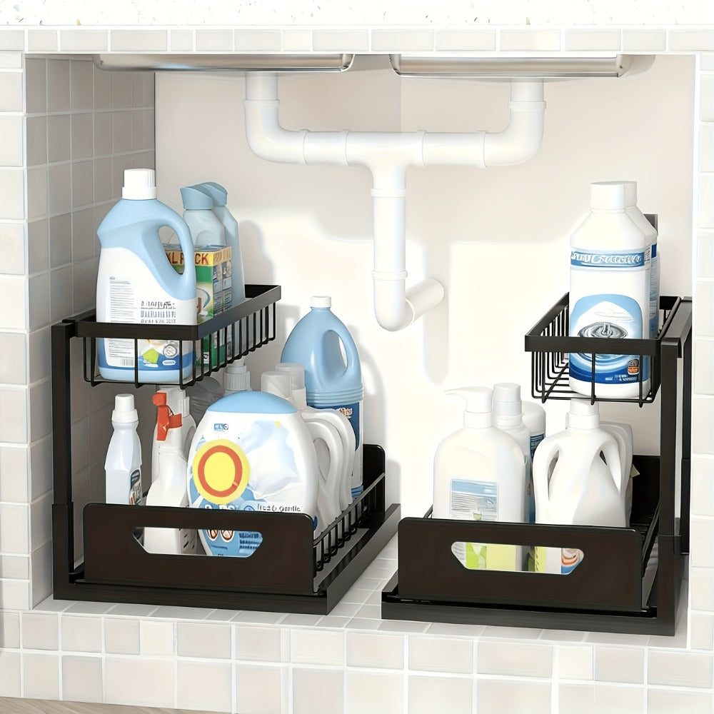 Two-Tier Pull-Out Cabinet Organizer with Upper and Lower Sliding Trays in Grey, Black or White Package Options