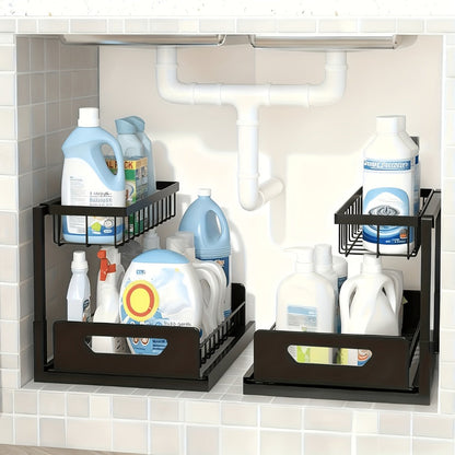 Two-Tier Pull-Out Cabinet Organizer with Upper and Lower Sliding Trays in Grey, Black or White Package Options