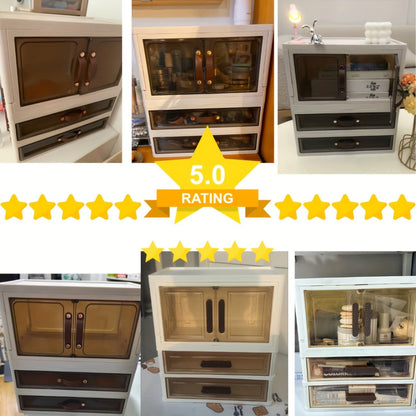 Makeup Storage Cabinet with Transparent Drawers, Stackable Cosmetic Organizer for Vanity, Foldable Plastic Skincare Storage Box, Retro White Gold Design, Desk Organizer for Bedroom Home