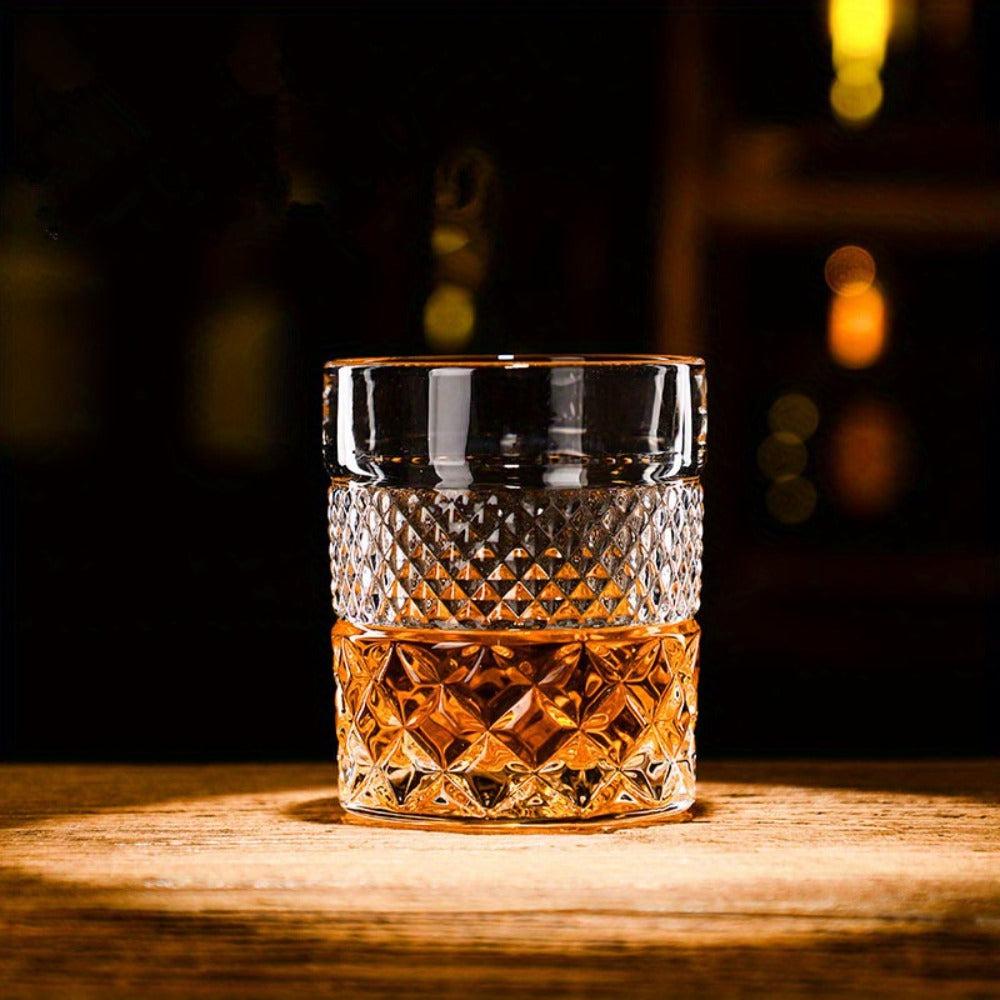 Single Embossed Whiskey Tumbler with Square Rim, Diamond-Cut Pattern and Thick Clear Base for Home Bar Service