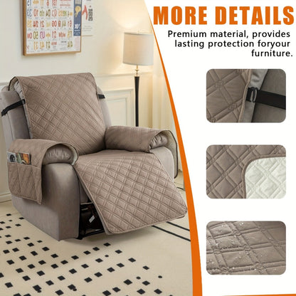 Quilted One-Piece Recliner Chair Cover with Side Pockets, Back Buckle Strap and 11 Color Options