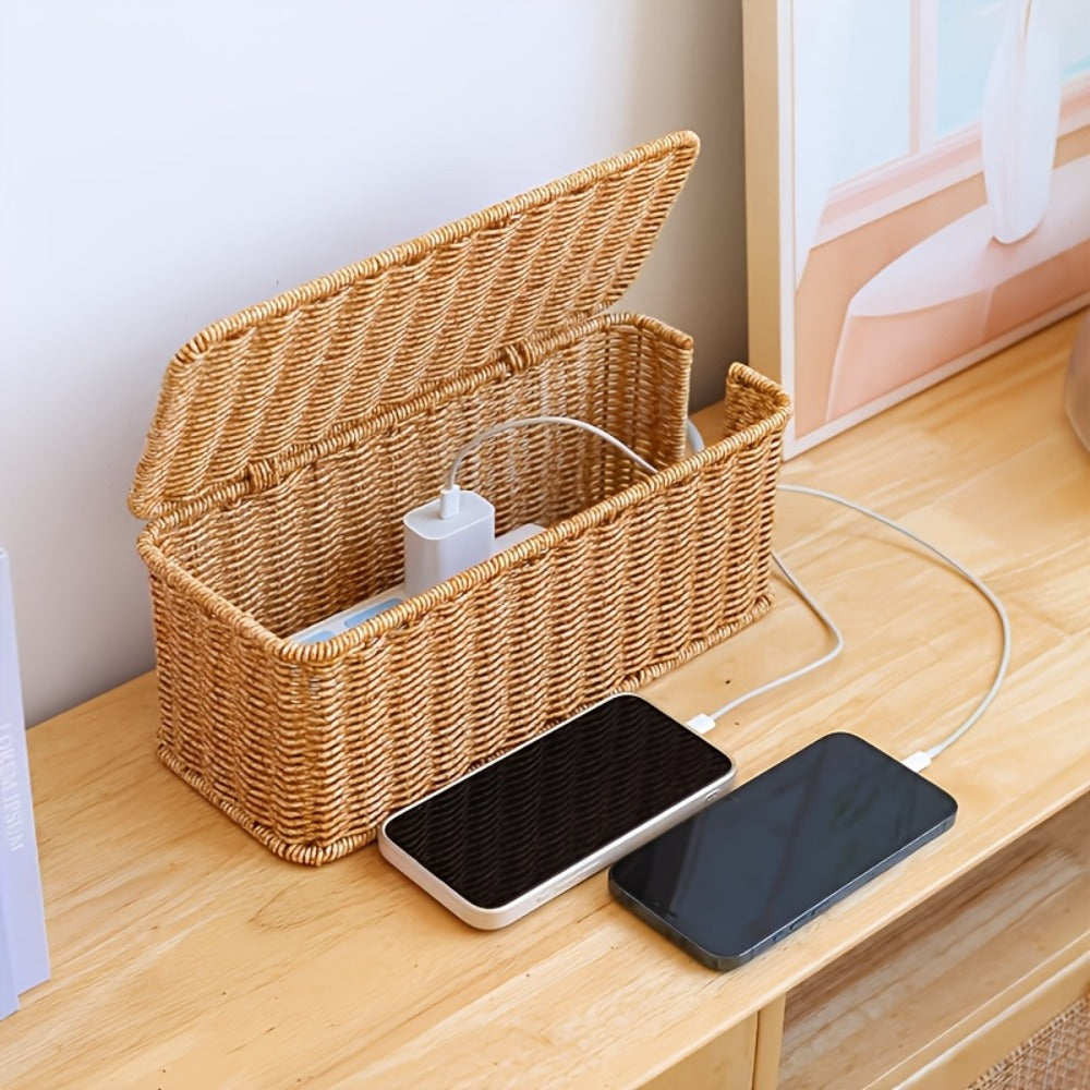 Woven Rattan-Look Cable Management Box with Hinged Lid and Pictured 34.1 cm Exterior Length