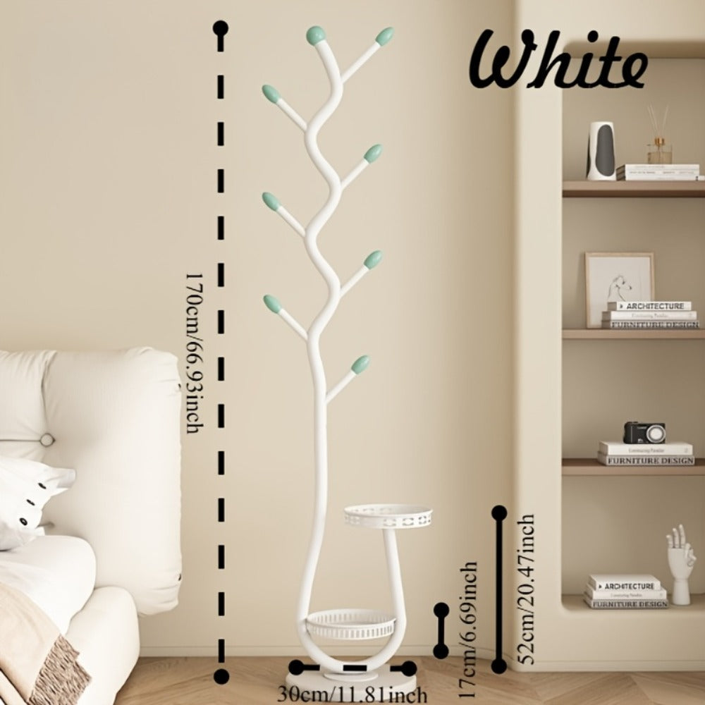 Freestanding Coat Tree with Branching Hooks, Circular Lower Shelf and White, Black or Golden Finish