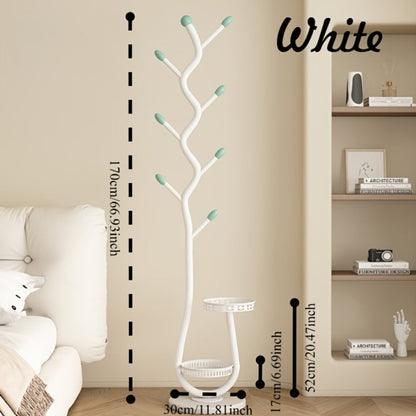 Freestanding Coat Tree with Branching Hooks, Circular Lower Shelf and White, Black or Golden Finish