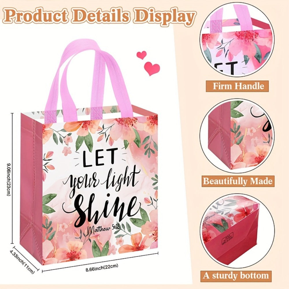 Bible Verse Tote Bags Bulk 32 Pcs Floral Religious Gift Bags with Handles Reusable Non-Woven Inspirational Bags for Christian Baptism Wedding Birthday Church Women Girls Party Favor Bags