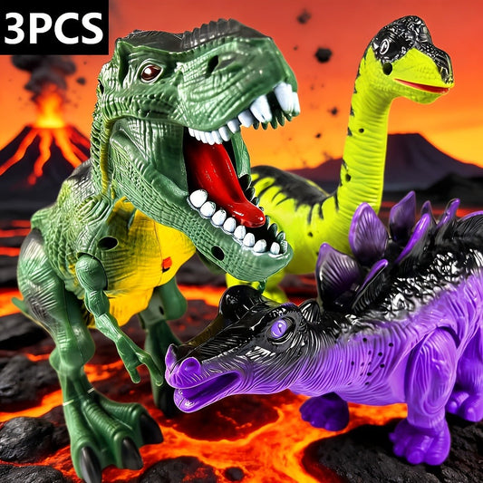 Interactive Dinosaur Toy Set 3 Pack with Walking, Roaring Sound & Lights, Electric T-Rex, Stegosaurus & Brachiosaurus