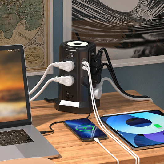 Power Strip Tower Angled Flat Plug 17-in-1 with 12 AC Outlets 4 USB-A 1 USB-C PD 18W 4 Independent Switches 1500J Surge Protector Desktop Extension Cord for Home Office Dorm Room – Black & White
