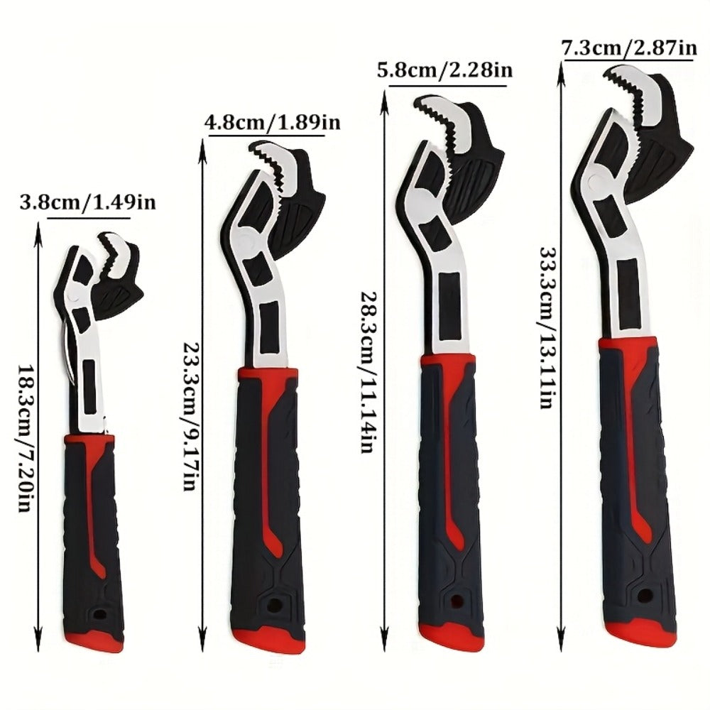 Four-Piece Self-Adjusting Wrench Set in 6-, 8-, 10- and 12-Inch Sizes with Cr-V Material Marking