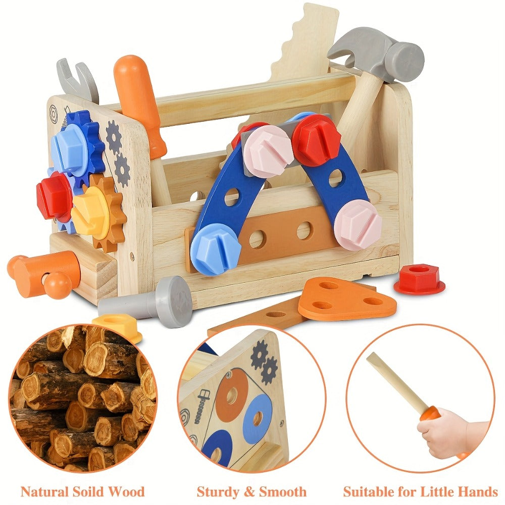39-Piece Wooden Pretend Tool Set with Vest, Toolbox, Instruction Sheet and Six Example Builds