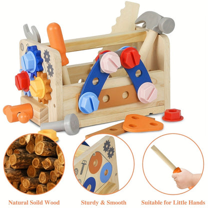39-Piece Wooden Pretend Tool Set with Vest, Toolbox, Instruction Sheet and Six Example Builds