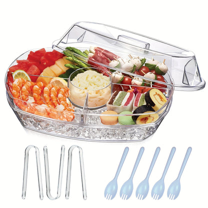 Appetizer Serving Tray with Ice Tray & Flip Lid – 15 Inch Round Chilled Condiment Serving Platter, BPA-Free Plastic Veggie Dip Bowl, Dishwasher & Freezer Safe Party Snack Tray