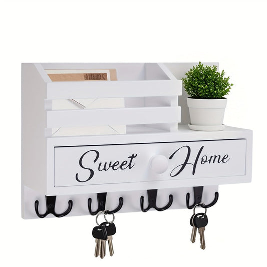 Key Holder for Wall with Drawer 8 Hooks – Rustic Wood Wall Mounted Key & Mail Organizer for Entryway, Kitchen, Mudroom, Office, Adhesive & Paintable Hooks, Space Saving Entryway Decor Storage