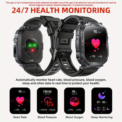 Waterproof Smartwatch with 100+ Sport Modes & LED Flashlight – 2.02" TFT Screen Wireless Calling Sleep Tracker Fitness Activity Tracker Heart Rate Compatible with iPhone Android Gift for Men Women