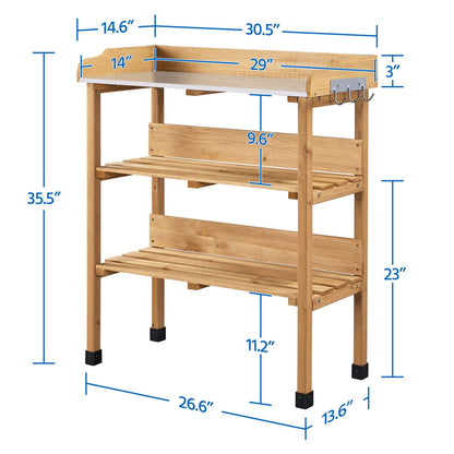 Rolling Potting Bench 3-Tier Wooden Garden Workstation Waist-High Galvanized Metal Top Lockable Casters Side Hooks Shelves for Outdoor Patio Gardening Storage