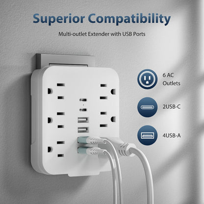 Power Strip Compact 12-in-1 Outlet Extender with 6 AC Outlets, 4 USB-A, 2 USB-C and Black or White Finish