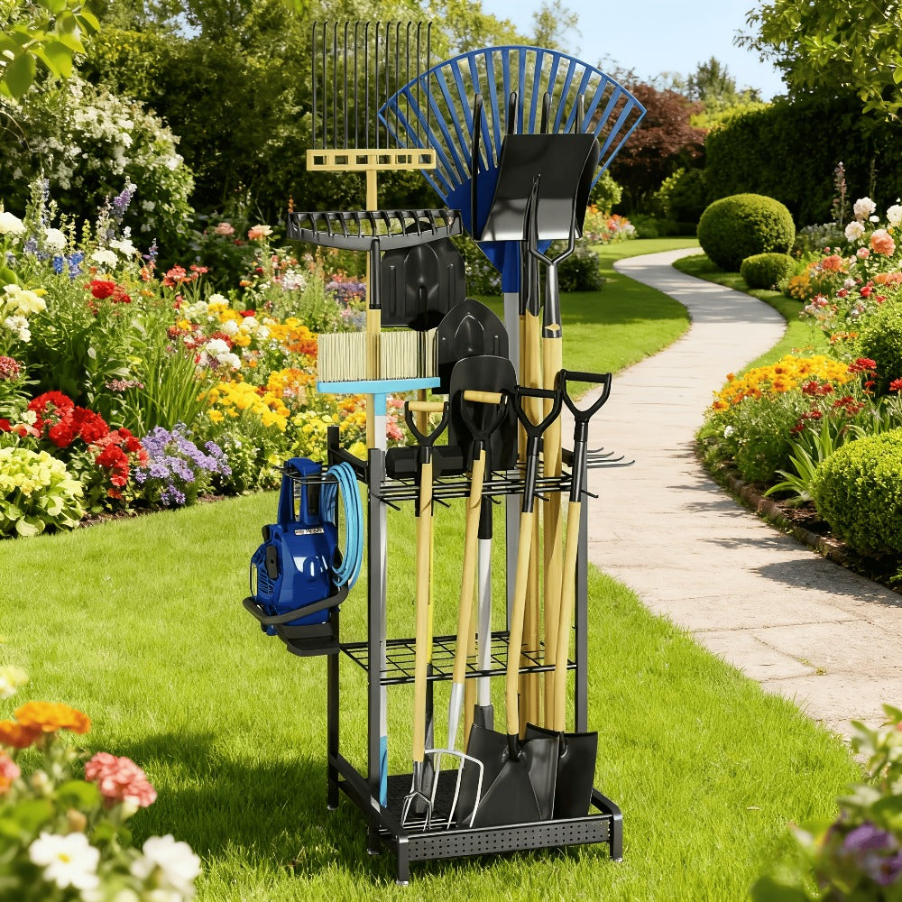 Garden Tool Organizer for Garage – Metal Yard Tool Storage Rack with Hooks & Wheels for Long-Handled Tools, Broom, Shovel, Rake, Mop – Heavy Duty Freestanding Tool Stand Holder, Black