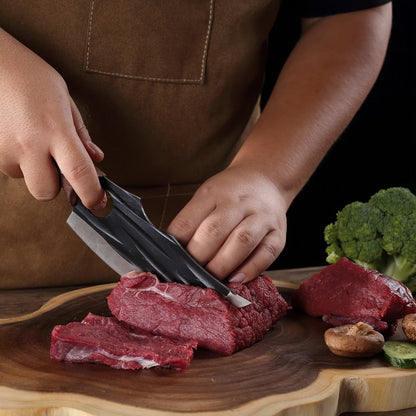 Three-Piece Butcher Knife Set with Dark Patterned Cleaver Blades, Riveted Wood-Look Handles and Carrying Case