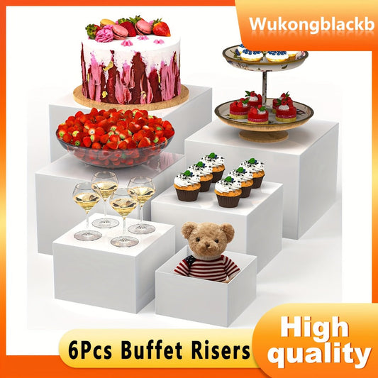 Acrylic Buffet Risers 6pcs Display Stand Set 8 Sizes 3"-10", Cube Box Riser Shelf for Party Catering Dessert Table, Food Display Stand for Collectibles Cupcakes Jewelry, White or Clear