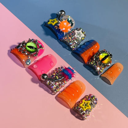 Press On Nails Handmade Y2K Duckbill Set with 3D Eye Barbell Star Rhinestone Charms and S M L Sizes