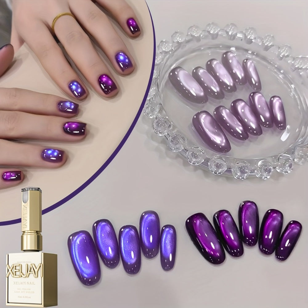 Gel Nail Polish Set with XEIJAYI Label, 4 Purple Iridescent Cat Eye Colors and M130 Gel Shade