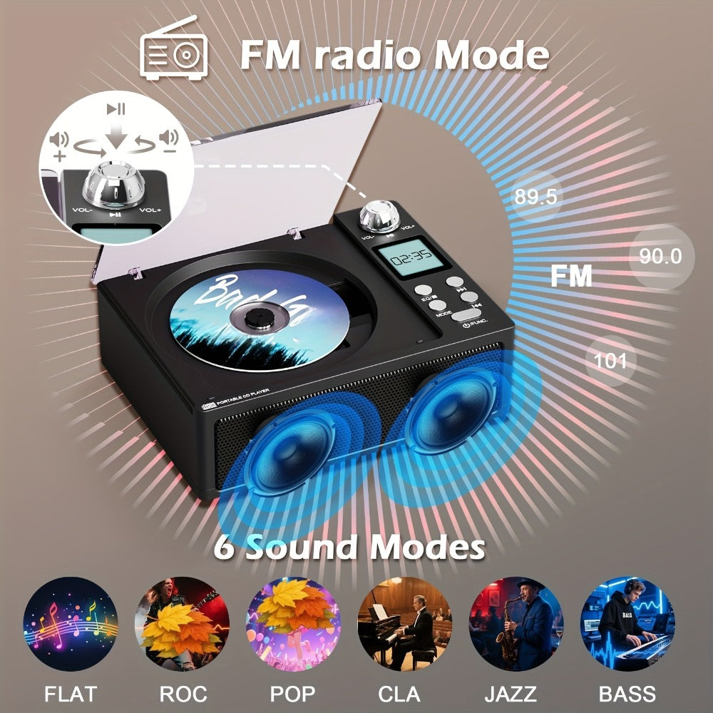 CD Player with Bluetooth Stereo Speakers, FM Radio, USB Playback, AUX Input, LED Display, Remote Control, Type-C Charging, Earphone Jack, All-in-One Home Audio System for Adults Seniors
