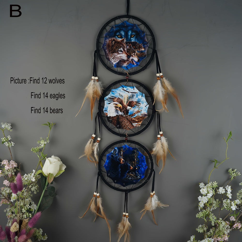 Dream Catcher Wall Decor Wolf Design Boho Bedroom Hanging Decoration – 6 Inch 3-Circle Feather Dream Catcher for Boys Kids Room, Nursery, Halloween, Christmas & Holiday Gift