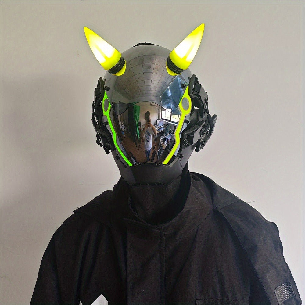 Pink LED Cyberpunk Costume Mask with Horned Full-Face Helmet, Reflective Visor and Lighted Accent Lines