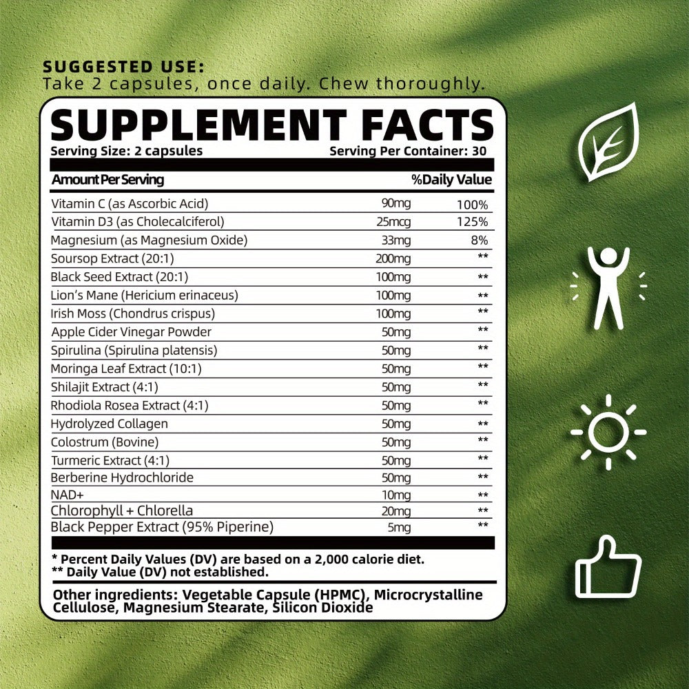 Herbal Supplement with CLEI Label, Soursop Graviola 24-in-1 Capsules, 60 Count, One or Two Bottles