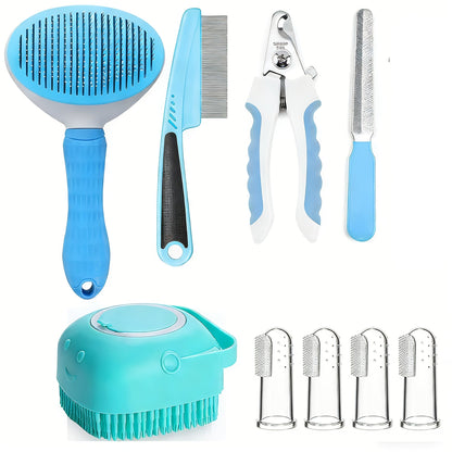 Pet Grooming Tool Set with Brushes, Combs, Nail Tools and Pink or Blue 9-Piece or 11-Piece Options