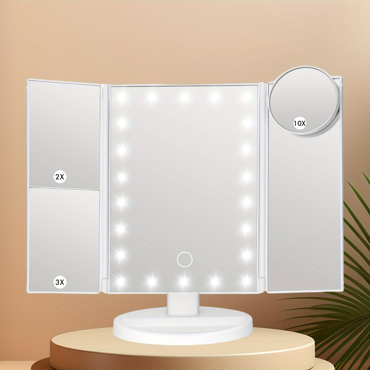 Trifold LED Vanity Mirror with 1X 2X 3X 10X Magnification Touch Screen Adjustable Brightness, for Makeup, Travel and Everyday Vanity Use