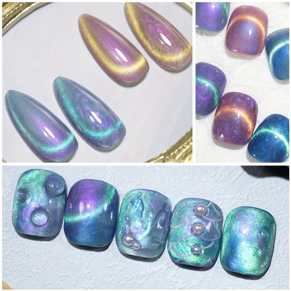 Cat Eye Gel Nail Polish Set 6Pcs 9D Aurora Magnetic Glitter Pearl Shell Effect – Soak-Off Semi-Permanent UV LED Gel Varnish Nail Art Kit for Home Salon Manicure Gift for Women