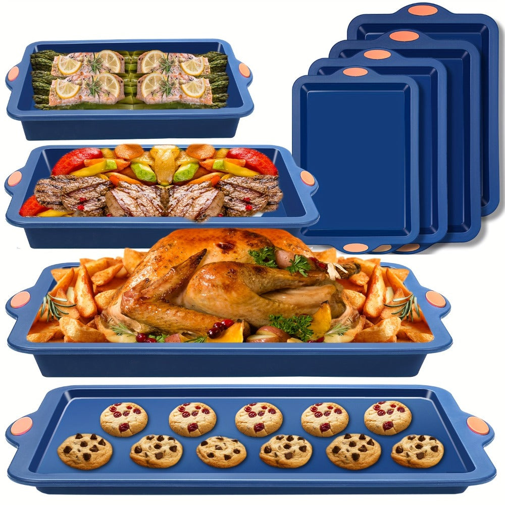 Silicone Baking Pans Set 4-Piece – Nonstick Bakeware with Metal Reinforced Frame, Includes Baking Sheet, Cookie Sheet & Cake Pan with Grips, Oven Safe, Easy Release – Navy Blue & Light Gray