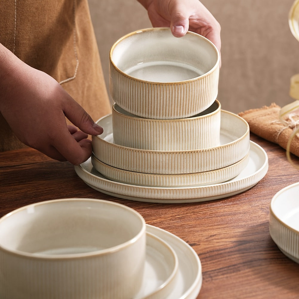 12-Piece Ribbed Dinnerware Set for Four with Dinner Plates, Salad Plates and Cereal Bowls in Two Cream Tones