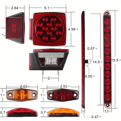Trailer LED Light Kit – Square Stop Turn Tail Lights, 29FT Wiring Harness, 6 LED Marker Lights & 11-LED Light Bar with License Plate Bracket | 12V