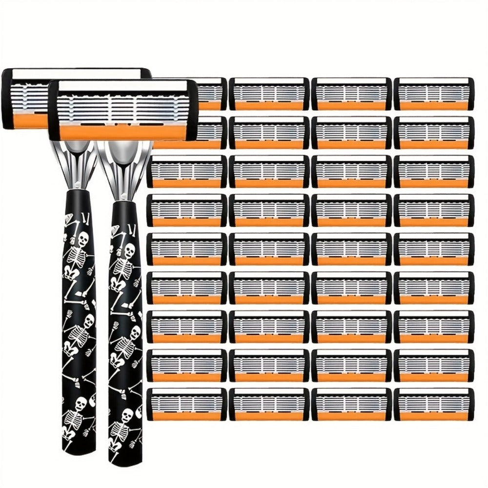 Safety Razor for Men 7-Layer Progressive Blades — Non-Slip Stainless Steel Handle Classic Double Edge Razor for Beard & Mustache Grooming, 1 or 2 Handle + 15–36 Blade Pack Options