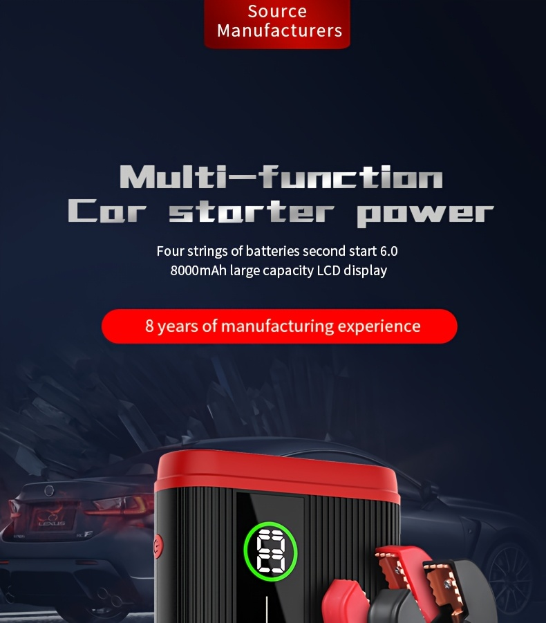 Lithium Jump Starter 3000A 8000mAh 12V Battery Pack USB-C Recharge Round LED Display for 6.0L Diesel 8.0L Gas Engines Compact Portable Emergency Booster