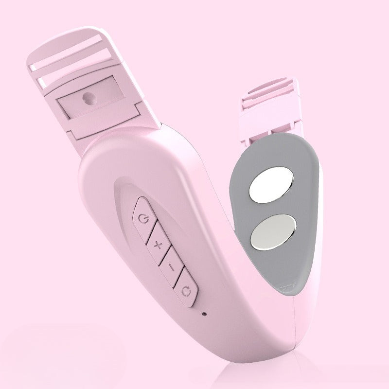 Pink Foldable Face and Neck Massage Wrap with Adjustable Band, Dual Contact Pads and Rechargeable Control Module