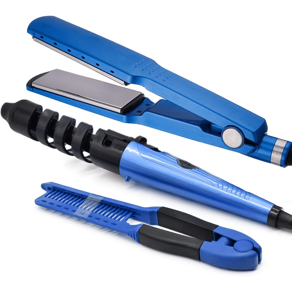 Flat Iron, Curling Iron and Comb Hair Styling Tool Set with Three Pieces in Blue for Home Styling