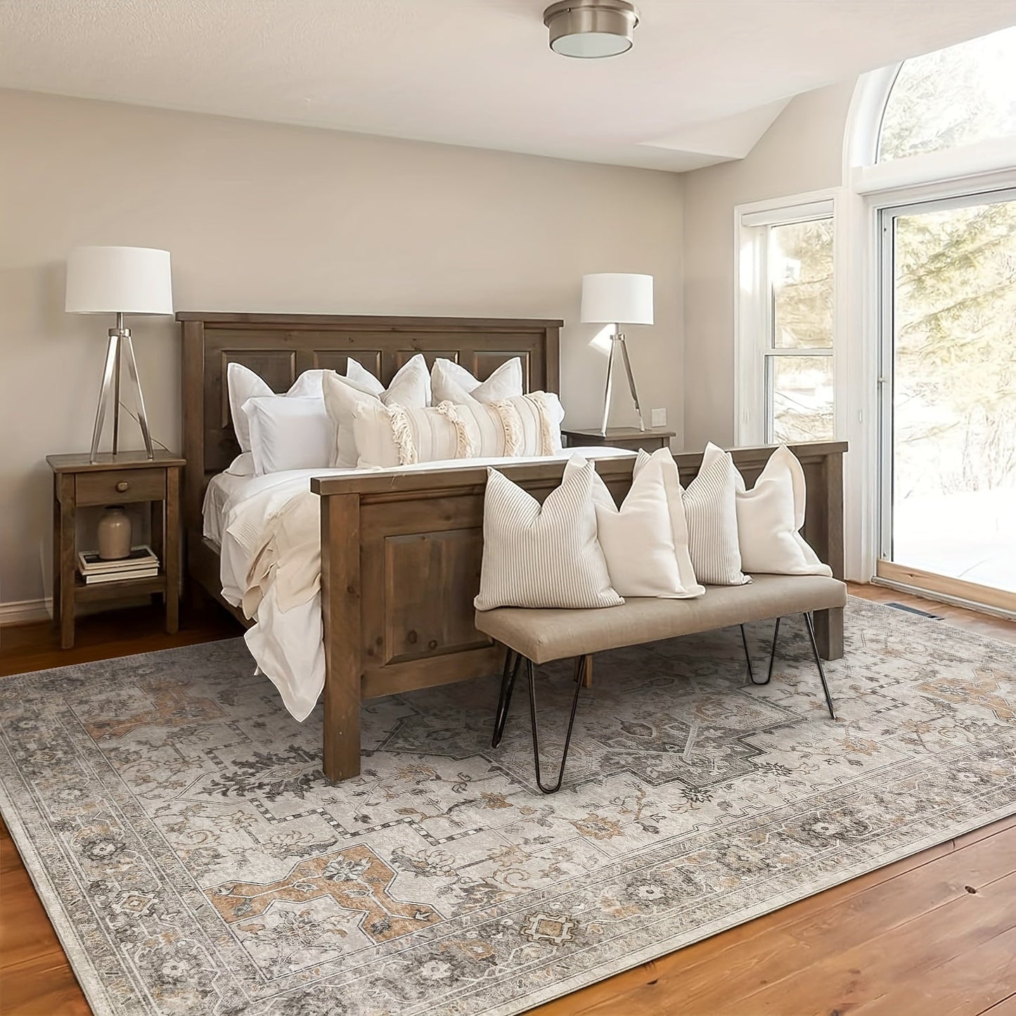 Area Rug Vintage Chenille Print in Light Taupe Brown with Eight Runner and Room Size Options